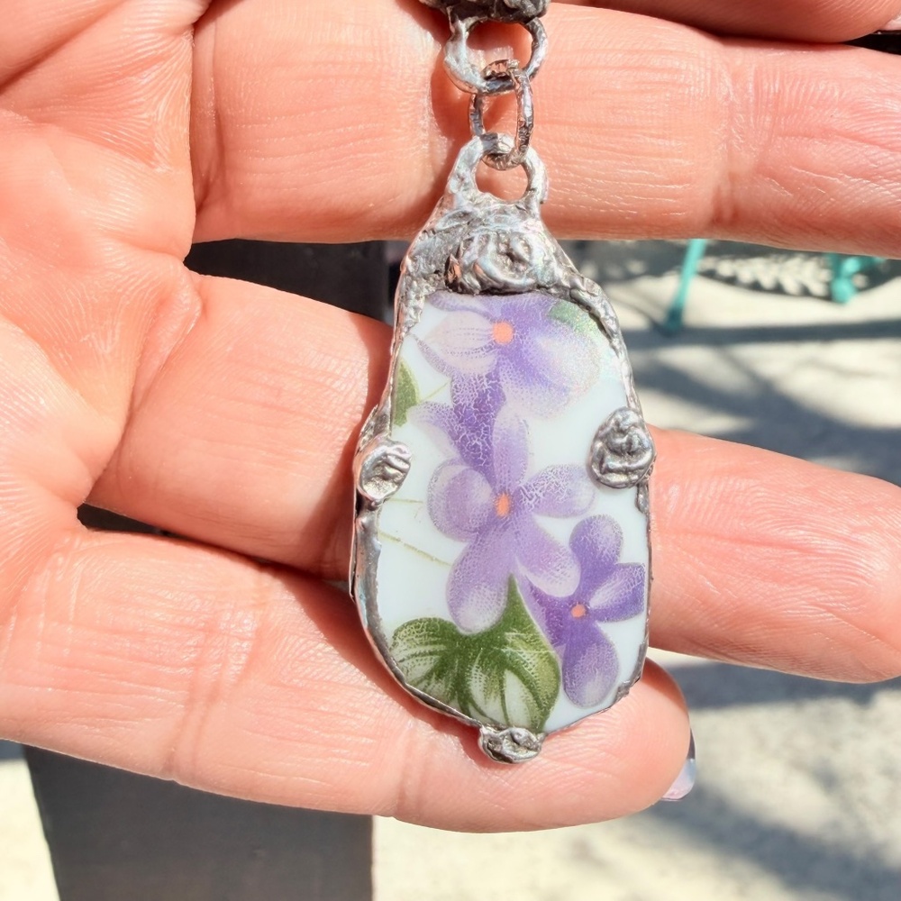 Violets Broken China & Sea Glass Artisan Silver-Blend Metalwork Bezel Pendant - Picture 7 of 16
